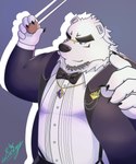 anthro clothing conducting_baton conductor eyebrows fur male overweight overweight_male solo suit suspenders thick_eyebrows white_body white_fur seiga_oekakicho lifewonders live_a_hero borealis_(live_a_hero) bear mammal polar_bear ursine 5:6 hi_res