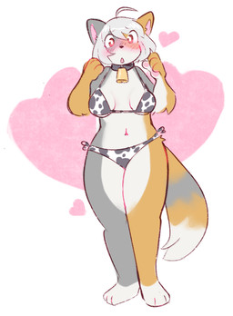 ahoge animal_print animal_print_bikini anthro bell bell_collar bikini blush breasts clothing collar countershade_arms countershade_face countershade_hands countershade_legs countershade_thighs countershade_torso countershading cow_print cow_print_bikini cowbell_collar dipstick_tail feet female fur grey_body grey_fur hair heart_symbol leg_markings looking_at_viewer markings navel orange_body orange_fur pattern_bikini pattern_clothing pattern_swimwear pawpads pink_pawpads red_eyes side-tie_bikini simple_background socks_(marking) solo string_bikini swimwear tail tail_markings two-piece_swimsuit white_background white_body white_countershading white_feet white_fur white_hair white_tail_tip pawberry arcanis_(hahaluckyme) calico_cat domestic_cat felid feline felis mammal digital_drawing_(artwork) digital_media_(artwork) hi_res