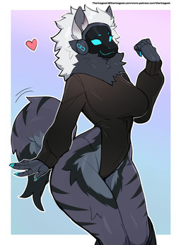 5_fingers anthro biped breasts clothed clothed_anthro clothed_female clothing female fingers front_view fur grey_body grey_fur grey_tail hair looking_at_viewer machine simple_background small_waist smile solo standing tail thick_thighs white_hair wide_hips thericegoat kodama_(default47) protogen absurd_res hi_res