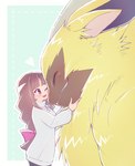 anthro bow_ribbon brown_hair duo female fluffy fur grin hair hug long_hair male sharp_teeth size_difference smile teeth yellow_body yellow_fur runapiero00 bandai_namco digimon digimon_ghost_game ruri_tsukiyono digimon_(species) human lamortmon mammal monster hi_res