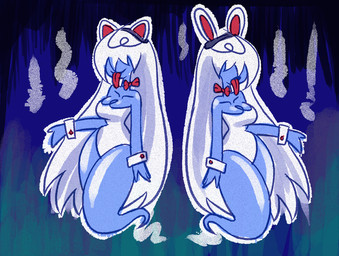 abstract_background alternate_species breasts bunny_costume cleavage clothed clothing costume duo fake_cat_ears fake_ears fake_rabbit_ears female hair humanoidized lingerie smile teddy_(clothing) tongue tongue_out white_hair minus8 mario_bros nintendo paper_mario paper_mario:_the_thousand_year_door lahla_(mario) peeka_(mario) animal_humanoid boo_(mario) ghost humanoid lagomorph lagomorph_humanoid leporid_humanoid mammal mammal_humanoid rabbit_humanoid spirit sibling_(lore)