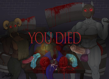 2_penises 4_missing_limbs abs amputee animal_genitalia animal_penis anthro apron balls barrel big_breasts blood blood_from_penis bodily_fluids bovid_horn breast_mutilation breasts caprine_horn castration clever clothing cock_and_ball_torture corpse cosplay cum cum_in_ass cum_in_mouth cum_inside death debreasted decapitation detailed_background diphallism disability dismemberment equine_genitalia equine_penis erection furniture game_over gameplay_mechanics genital_fluids genital_mutilation genital_torture genitals glowing glowing_eyes gore gore_focus group gynomorph gynomorph_death horn humanoid_genitalia humanoid_penis intersex intersex_death knot looking_at_viewer mask multi_genitalia multi_penis muscular mutilation nipple_piercing nipples open_mouth penectomy penis piercing quadruple_amputee ram_horn red_eyes severed_body_part severed_breasts severed_equine_penis severed_genitals severed_penis size_difference snuff standing table text thick_thighs tongue weapon doggomeatball dark_souls fromsoftware mythology you_died_(meme) ashleigh_(slimshod) brenna_jorunn maneater_mildred the_butcher_(character) xan_camroth canid canid_demon canine canis demon domestic_dog equid equine hellhound horse mammal mythological_canine mythological_creature pony reptile scalie english_text hi_res meme