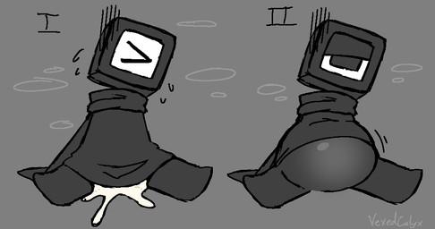 1_eye after_sex ambiguous_gender anthro belly big_belly black_body bodily_fluids clothed clothing cum cum_inflation cum_inside dress for_a_head genital_fluids inflated_belly inflation leaking leaking_cum not_furry questionable_consent robe robe_only scarf sex simple_background sitting solo spread_legs spreading square_head sweat text topwear upset vexedcalyx cube_(vexedcalyx) animate_inanimate object_head shape_head 2024 colored digital_drawing_(artwork) digital_media_(artwork) monochrome