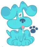 ambiguous_gender blue_body blue_ears blue_fur blue_nose blue_spots blue_tail feral floppy_ears footprint front_view fur markings pawprint pink_tongue simple_background sitting solo spots spotted_markings tail tongue tongue_out white_background sockobocko blue's_clues nickelodeon blue_(blue's_clues) canid canine canis domestic_dog mammal full-length_portrait portrait