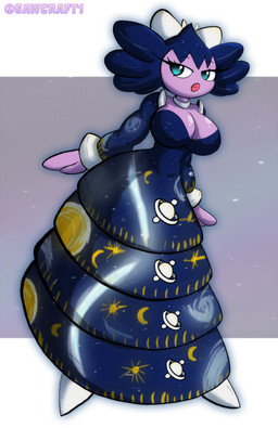 abstract_background big_breasts blue_eyes breasts cleavage clothed clothing dress female huge_breasts lips multicolored_clothing pokemorph purple_body red_lips solo space starry_dress text white_body white_clothing sawcraft1 creatures_(company) game_freak nintendo pokemon giselle_(al33444) generation_5_pokemon gothitelle humanoid pokemon_(species) 2026 absurd_res artist_name hi_res signature