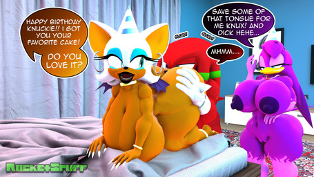 all_fours anal anklet anthro aroused_smile beak bed bedroom_eyes big_breasts big_butt birthday birthday_sex bracelet breasts butt clothing collar ear_piercing ear_ring female furniture genitals gold_(metal) gold_anklet gold_bracelet gold_collar gold_jewelry group hand_on_butt hat head_tuft headgear headwear hoop_ear_ring huge_breasts huge_butt jewelry looking_back lying lying_on_bed male male/female metal_collar narrowed_eyes nipples non-mammal_nipples nude nude_female on_bed on_front onomatopoeia oral party_hat piercing rimming ring_piercing seductive sex smile sound_effects speech_bubble text thick_thighs trio tuft voluptuous_female vulva rocketspuff kabalmystic_(modeler) sega sonic_riders sonic_the_hedgehog_(series) knuckles_the_echidna rouge_the_bat wave_the_swallow avian bat bird echidna hirundinid mammal monotreme oscine passerine swallow_(bird) 16:9 3d_(artwork) 4k absurd_res digital_media_(artwork) english_text hi_res widescreen