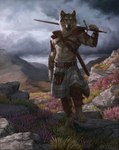 4_toes 5_fingers amazing_background anthro armor baldric black_nose bottomwear bracers claymore clothing cloud day detailed_background detailed_fur feet fingers fur grass greaves grey_body grey_fur holding_melee_weapon holding_object holding_sword holding_weapon kilt male melee_weapon orange_eyes outside plant scabbard scotland scottish sky solo spaulder sporran strap_across_chest sword toes unconvincing_armor weapon caraid vrika_macpherson_wolf canid canine canis mammal wolf 2018 detailed digital_media_(artwork) hi_res