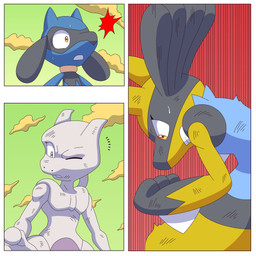 ambiguous_gender angry anthro fur group open_mouth outside solo tail trio ragster_(artist) nintendo pokemon canid canine generation_1_pokemon generation_4_pokemon legendary_pokemon lucario mammal mewtwo pokemon_(species) riolu shiny_pokemon 1:1 comic digital_media_(artwork) hi_res
