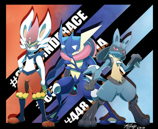 2_toes 3_fingers 3_toes ambiguous_gender anthro black_body black_border black_fur blue_body blue_fur blue_skin border chest_spike crouching feet fingers fur gradient_background group hand_on_hip hand_spike long_tongue looking_at_viewer membrane_(anatomy) pattern_background red_body red_eyes red_fur semi-anthro simple_background smile smirk spikes spikes_(anatomy) standing striped_background tan_body tan_fur tan_skin text toes tongue webbed_hands white_body white_fur yellow_body yellow_fur kivwolf nintendo pokemon amphibian canid cinderace generation_4_pokemon generation_6_pokemon generation_8_pokemon greninja lagomorph lucario mammal pokemon_(species) 2020 english_text