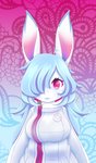 anthro big_breasts blush breasts clothed clothing female fur hair looking_at_viewer monster_girl_(genre) simple_background smile solo lunimoonvb luni_moon canid canine fox hybrid lagomorph leporid mammal rabbit vixbun hi_res