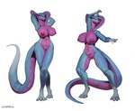 anthro areola big_breasts breasts female genitals looking_at_viewer nipples nude purple_areola purple_nipples pussy simple_background solo tail white_background white_body goldmikun reptile scalie snake absurd_res hi_res