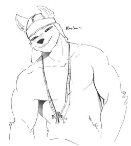 anthro bedroom_eyes clothed clothing cross durag floppy_ears half-closed_eyes jewelry male narrowed_eyes navel necklace seductive sharp_teeth smile solo squint teeth text topless topless_male goonie-san goon_(goonie_san) canid canine canis domestic_dog mammal hi_res monochrome