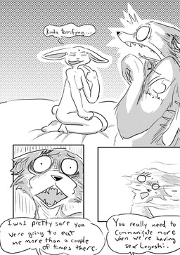 anthro arm_tattoo bed bed_sheet bedding bodily_fluids breasts clothing critique despair dialogue disintegration duo female footwear furniture horrified kneeling male nipples notched_ear scar shocked sitting socks sweat tattoo text dragonweirdo beastars haru_(beastars) legoshi_(beastars) canid canine canis lagomorph leporid mammal rabbit wolf absurd_res comic english_text hi_res monochrome