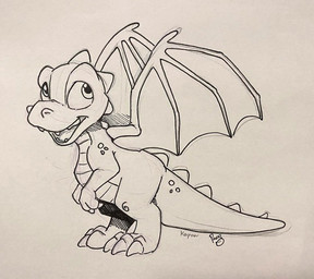 ambiguous_feral ambiguous_gender biped fangs feral membrane_(anatomy) membranous_wings open_mouth open_smile side_view simple_background smile solo teeth wings young young_ambiguous young_feral karpour pandapaco mythology dragon mythological_creature mythological_scalie scalie monochrome sketch