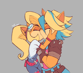 anthro blonde_hair clothing duo eyes_closed eyewear eyewear_on_head female female/female goggles goggles_on_head grey_background hair jacket kiss_on_lips kissing multicolored_hair simple_background topwear conniesky3 activision crash_bandicoot_(series) coco_bandicoot pirate_tawna bandicoot mammal marsupial 2021 hi_res
