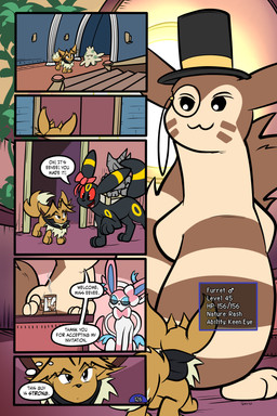 5_panel_comic ambiguous_gender black_body black_cape black_clothing black_eyes black_nose black_text blue_eyes bow_ribbon brown_body brown_fur brown_hair cape clothing container cup dialogue door exclamation_point eyebrows eyelashes eyewear feral fluffy fluffy_tail fur group hair hands_behind_back hat headgear headwear inner_ear_fluff inside larger_male looking_at_another male markings monocle mouth_closed mug neck_tuft open_mouth open_smile paws pupils quadruped red_eyes sculpture size_difference smaller_ambiguous smile speech_bubble stairs standing statue sunglasses tail talking_to_another text tongue top_hat tuft wall_(structure) white_pupils white_sclera yellow_markings virmir nintendo pokemon pokemon_mystery_dungeon spike_chunsoft virmir_(character) eevee eeveelution furret generation_1_pokemon generation_2_pokemon generation_3_pokemon generation_6_pokemon pokemon_(species) shroomish sylveon umbreon 2026 2:3 absurd_res comic english_text hi_res male_(lore)
