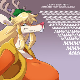 anthro antlers big_breasts blonde_hair breasts buckteeth cosplay dialogue eyelashes female green_eyes hair horn huge_breasts long_hair red_nose smug_face solo teeth text spiralingstaircase desiree_(spiralingstaircase) morshu deer mammal new_world_deer 1:1 2025 digital_media_(artwork) english_text hi_res