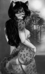 anthro black_nipples breasts butt detailed_background eyewear female glasses nipples nude outside solo chanrom frionella felid leopard mammal pantherine snow_leopard 2016 absurd_res greyscale hi_res monochrome