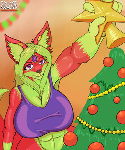 abs anthro big_breasts big_ears breasts christmas_decorations christmas_lights christmas_tree claws clothing female forehead_gem fur gem green_body green_fur green_hair hair holidays long_hair looking_at_viewer muscular muscular_anthro muscular_female piercing plant purple_eyes red_body red_fur shirt smile solo star tank_top topwear tree wide_hips rcblackdie christmas canid canine fox mammal 5:6 hi_res