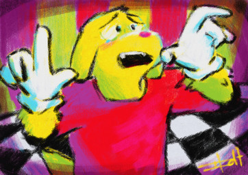 anthro clothed clothing fluffy fur gloves handwear looking_up male red_clothing red_shirt red_t-shirt red_topwear shirt solo t-shirt text topwear white_clothing white_gloves white_handwear yellow_body yellow_fur 2lugin glitch_productions the_amazing_digital_circus scratch_(tadc) canid canine canis domestic_dog humanoid mammal absurd_res english_text hi_res