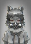 breasts chromatic_aberration clothed clothing female front_view gas_mask hair looking_at_viewer mask solo st.takuma kemono_friends arai-san animal_humanoid humanoid mammal mammal_humanoid procyonid procyonid_humanoid raccoon_humanoid greyscale monochrome spot_color