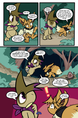 4_panel_comic ambiguous_gender answer bandage biped black_cape black_clothing black_eyes black_nose black_text brown_body brown_fur brown_hair cape clenched_teeth clothing dialogue dot_pupils duo_focus ellipsis exclamation_point eye_patch eyebrows eyelashes eyes_closed eyewear feral fluffy fluffy_tail forest fur group hair looking_at_another motion_lines neck_tuft one_eye_obstructed open_mouth outside page_number paws plant pupils purple_eyes purple_scarf question question_mark raised_arms scarf sharp_teeth shrub speech_bubble standing tail talking_to_another teeth text thinking toony translucent translucent_hair tree trio tuft tusks white_sclera virmir nintendo pokemon pokemon_mystery_dungeon spike_chunsoft virmir_(character) zinc_(zincxiron) axew diglett ditto_(pokemon) eevee generation_1_pokemon generation_5_pokemon pokemon_(species) 2025 2:3 absurd_res comic english_text hi_res signature
