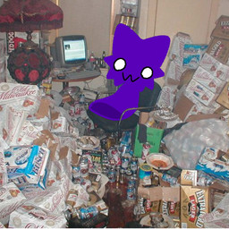 alcohol ambiguous_gender beer beverage bottle can chair computer container electronics furniture keyboard lamp messy messy_room owo purple_body sitting solo trash wood dominix dominix_(character) blob_creature 1:1 hi_res