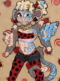 anthro brown_body brown_fur clothed clothing female fur gold_(metal) heterochromia seaglass solo vitiligo xantia arthropod beetle cucujoid haplorhine insect ladybug mammal monkey primate