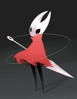 anthro black_body black_eyes cloak clothing female horn melee_weapon red_cloak red_clothing solo weapon miakameron hollow_knight_(franchise) team_cherry hornet_(hollow_knight) arthropod insect 2026 absurd_res hi_res