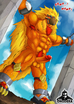 abs anthro armpit_hair balls bdsm blonde_hair bodily_fluids body_hair bound chain erection fur genital_fluids genitals hair humanoid_genitalia humanoid_penis male muffled muffled_speech muscular muscular_anthro muscular_male muzzle_(object) muzzled nipples nude orange_body orange_fur pecs penis pillar precum pubes shaking solo sweat text onodera bandai_namco digimon apollomon digimon_(species) hi_res