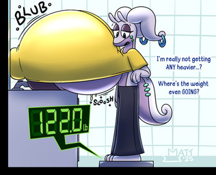 anthro areola big_areola big_breasts big_nipples black_eyes bottomwear breasts clothing ear_piercing ellipsis female half-closed_eyes huge_areola huge_breasts huge_nipples hyper hyper_breasts narrowed_eyes nipples onomatopoeia open_mouth pants piercing purple_areola purple_body question_mark shirt solo sound_effects text topwear mattthetooncat nintendo pokemon generation_6_pokemon goodra pokemon_(species) english_text hi_res