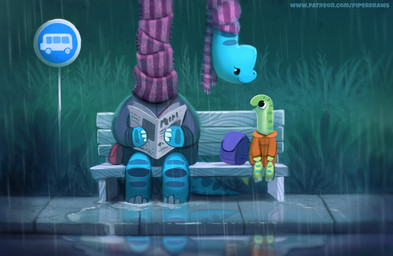 ambiguous_gender anthro backpack beady_eyes bench black_eyes blue_body blue_scales bus_stop clothed clothing coat duo female grass green_body green_scales looking_at_another newspaper open_mouth plant puddle purse raincoat raining scales scarf sidewalk sitting size_difference smile topwear piper_thibodeau dinosaur lizard prehistoric_species reptile sauropod sauropodomorph scalie digital_media_(artwork) digital_painting_(artwork) painting_(artwork)