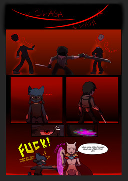 anthro barrier biped blood blue_body bodily_fluids border cape clothed clothing death decapitation dialogue duo ellipsis exclamation_point eye_scar facial_scar fingers fur gore grey_border hair holding_melee_weapon holding_object holding_sword holding_weapon looking_at_another male melee_weapon motion_lines mouth_closed open_mouth punch pupils purple_eyes purple_text question_mark red_eyes red_text scar simple_background sound_effects standing suit sword tail text tongue weapon white_sclera yellow_text novaarts nintendo pokemon pokemon_mystery_dungeon spike_chunsoft epsilon_(novaarts) lu_(novaarts) canid canine generation_1_pokemon generation_4_pokemon human legendary_pokemon mammal mewtwo pokemon_(species) riolu 2026 absurd_res comic digital_media_(artwork) english_text hi_res