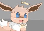 2019 ambiguous_gender blue_eyes bodily_fluids brown_body brown_fur drinking_straw eevee front_view fur generation_1_pokemon get_it_go grey_background holding_glass holding_object looking_aside nintendo open_mouth pokemon pokemon_(species) scared simple_background solo sweat
