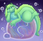 anthro bubble female green_body hair horn looking_at_viewer simple_background smile solo tail drxii mythology crestdraggy_(character) dragon mythological_creature mythological_scalie scalie digital_media_(artwork) hi_res