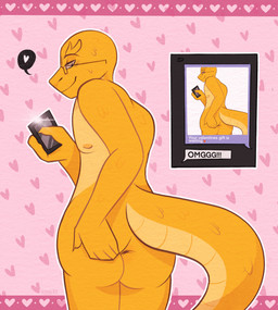 ambiguous_gender anthro anus butt cellphone electronics eyewear glasses hand_on_butt heart_symbol looking_at_self nipples non-mammal_nipples phone presenting presenting_anus presenting_hindquarters smartphone solo spread_butt spreading standing text_message yellow_body pjkay gleaves eyelash_viper pit_viper reptile scalie snake viper 2024 digital_media_(artwork) hi_res