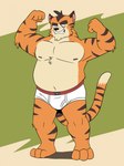 anthro barefoot black_eyes black_nose briefs briefs_only brown_body brown_fur clothed clothing detailed_background eyebrows feet flexing_muscles fur green_background male markings musclegut muscular muscular_male navel nipples orange_body orange_fur overweight overweight_male red_waistband sharp_teeth simple_background smile solo striped_markings stripes tan_background tan_body tan_fur teeth teeth_showing thick_eyebrows tighty_whities topless underwear underwear_only white_briefs white_clothing white_underwear heyitscousindave felid mammal pantherine tiger hi_res