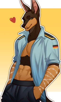 anthro bedroom_eyes clothed clothing looking_at_viewer male military narrowed_eyes navy_uniform open_clothing open_shirt open_topwear partially_clothed seductive shirt solo suggestive suggestive_look suggestive_pose topwear zenko0 bundeswehr sebastian_wolk canid canine canis dobermann domestic_dog mammal pinscher absurd_res hi_res