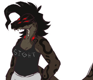 anthro bottomwear breasts clothed clothing female fur multi_eye non-mammal_breasts pants red_eyes sharp_teeth shirt simple_background solo tank_top teeth text topwear white_background vedacia vol_(cardinaldoodles) dinosaur dromaeosaurid furred_scalie prehistoric_species reptile scalie theropod digital_media_(artwork) english_text flat_colors sketch