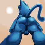 anthro backsack balls blue_body blue_fur butt clothing eyelashes fur genitals hair legwear looking_at_viewer looking_back looking_down low-angle_view male nude rear_view simple_background solo thigh_highs big-fig turk_(big-fig) domestic_cat felid feline felis mammal 1:1 digital_media_(artwork) hi_res