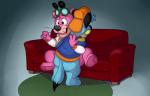 anthro bottomless clenched_teeth clothed clothing duo eyewear furniture gesture glasses hand_gesture male male/male open_mouth pointing rear_view sitting sofa spread_legs spreading standing teeth young neenya hanna-barbera snagglepuss_(series) the_huckleberry_hound_show yo_yogi! huckleberry_hound snagglepuss canid canine canis domestic_dog felid lion mammal pantherine hi_res