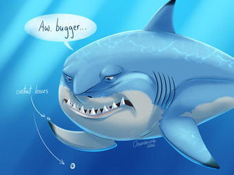 blue_body blue_eyes blue_fin contact_lenses dialogue dorsal_fin dropping_object feral fin gills humor looking_down male shark_teeth solo speech_bubble talking_feral text underwater water chainsxwsmile disney finding_nemo pixar bruce_(finding_nemo) fish great_white_shark mackerel_shark marine shark white_shark 2026 english_text watermark