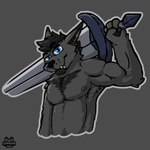 anthro armpit_hair armpit_tuft beard belly biceps black_hair blue_eyes body_hair chest_hair chest_tuft facial_hair fangs fluffy fur glistening glistening_body glistening_eyes grey_background grey_body grey_fur hair holding_object holding_weapon long_ears looking_at_viewer male melee_weapon musclegut muscular muscular_male nipples nude outline pointy_ears pubes simple_background smile smirk solo sword sword_on_shoulder teeth tuft weapon luhrak canid canine canis mammal wolf 1:1 cel_shading digital_media_(artwork) half-length_portrait hi_res portrait shaded simple_shading sketch three-quarter_portrait