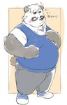 anthro belly black_body black_nose blush bottomwear clothing humanoid_hands kemono male overweight overweight_male pants shirt solo topwear white_body inunoshippo vtuber sasayama_akira bear giant_panda mammal 2022