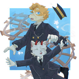 2_horns 5_fingers anthro black_clothing black_footwear black_hat black_headwear black_shoes black_tie_(suit) button_(fastener) clothing conductor_hat cute_fangs duo eye_scar facial_scar facial_tuft fangs fingers floppy_ears footwear fur gloves grey_nose handwear hat headgear headwear horn male open_mouth pink_ears railway_track red_horn scar shoes suit tan_body tan_fur teeth toy_train tuft white_clothing white_gloves white_handwear yellow_body yellow_fur young young_anthro young_male regcron lyent_(regcron) canid canine canis domestic_dog mammal wolf 1:1 hi_res