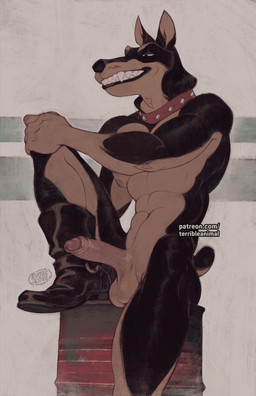 abs anthro anthrofied balls black_body black_fur black_lips boots boots_only clothing collar erection footwear footwear_only fur genitals glans grin humanoid_genitalia humanoid_penis lips male mostly_nude muscular muscular_anthro muscular_male nipples nude_male pecs penis sharp_teeth shoes shoes_only smile solo teeth yellow_sclera terribleanimal disney oliver_and_company roscoe_(disney) canid canine canis dobermann domestic_dog mammal pinscher absurd_res hi_res