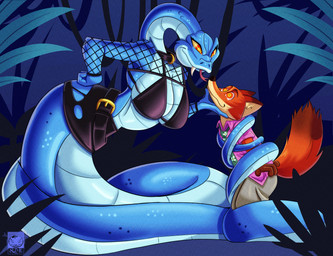anthro anthrofied apode black_clothing blue_body blue_scales breasts clothing coiled_up coiling coiling_another crossgender duo fangs female fishnet_clothing forest forked_tongue fur hypnosis hypnotic_eyes jungle legless male mind_control mtf_crossgender non-mammal_breasts orange_body orange_fur plant pointy_ears scales serpentine teeth tongue transformation tree yellow_eyes rodolfoslime disney zootopia gary_de'snake nick_wilde canid canine draconcopode fox mammal naga pit_viper red_fox reptile scalie snake true_fox viper hi_res