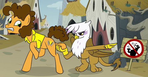 ball_grab ballbusting balls beak brown_body brown_feathers chest_tuft cock_and_ball_torture duo eyelashes feathers female feral genital_torture genitals gesture green_eyes hand_gesture male orange_body pointing sign threatening tuft wings yellow_eyes buttsaucer nuttyhoof friendship_is_magic hasbro my_little_pony mythology cheese_sandwich_(mlp) gilda_(mlp) avian equid equine gryphon mammal mythological_avian mythological_creature hi_res
