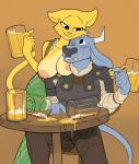 alcohol anthro armor barmaid bartender beer beer_mug beverage big_breasts bite biting_lip biting_own_lip breast_rest breast_squish breasts bulge chainmail clothed clothing detailed_bulge drunk duo erection erection_under_clothing female flirting fur furniture genital_outline half-closed_eyes imminent_sex male male/female narrowed_eyes nipples one_eye_closed penis_outline self_bite simple_background squish substance_intoxication table topless undressing white_body white_fur yellow_body yellow_fur kaboozey microsoft prequel_adventure the_elder_scrolls aodhan fan_character katia_managan bovid bovine cattle felid khajiit mammal 2017 digital_media_(artwork) hi_res