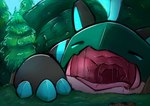 absurd_res bodily_fluids crema_(company) drooling feral forest forest_background gravitysinning hi_res macro mawmense_(temtem) mouth_shot nature nature_background open_mouth plant saliva sleeping solo temtem temtem_(species) tree vore